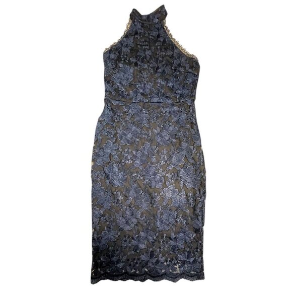 Lulus Lace Halter Bodycon Midi Dress Navy Over Black Size Small - Picture 1 of 5